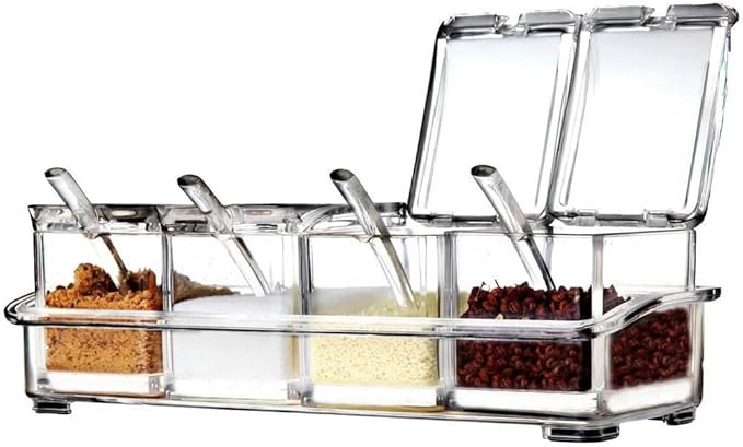 Seasoning Box, Seasoning Rack Spice Pots, Storage Container Condiment Jars, 4 Piece Clear Acrylic Cruet with Cover and Spoon Transparent