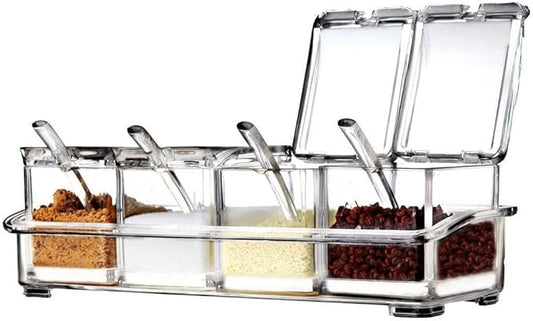 Seasoning Box, Seasoning Rack Spice Pots, Storage Container Condiment Jars, 4 Piece Clear Acrylic Cruet with Cover and Spoon Transparent