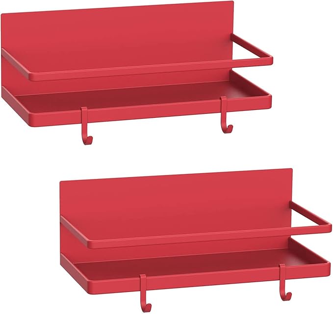Magnetic Spice Rack Organizer Refrigerator Spice Storage Shelf（Red 2 pack with hook）