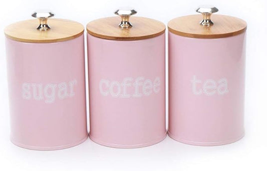 X022S Set of 3 Metal Food Storage Tin Canister/Jar with Bamboo Lid (matte pink)