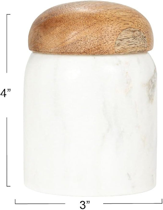 Creative Co-Op Marble and Mango Wood Pinch Pot with Lid, White and Natural