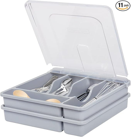 Silverware Holder with Lid, Double Layer Utensil Tray with Cover Large Flatware Organizer Plastic Cutlery Container for Kitchen Drawer Countertop 10 Compartments, Grey