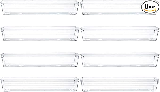 Backerysupply Clear Plastic Drawer Organizer Tray for Vanity Cabinet (12”×3”×2”，Set of 8),Storage Tray for Makeup, Kitchen Utensils, Jewelries, and Gadgets