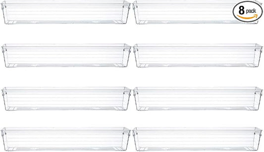Backerysupply Clear Plastic Drawer Organizer Tray for Vanity Cabinet (12”×3”×2”，Set of 8),Storage Tray for Makeup, Kitchen Utensils, Jewelries, and Gadgets