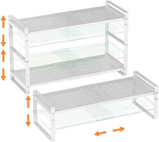 Cabinet Organizer Shelf,Expandable Adjustable Stackable Kitchen Organizer,Metal Shelf risers for cabinets, Kitchens and desks(3Packs/White/Large)