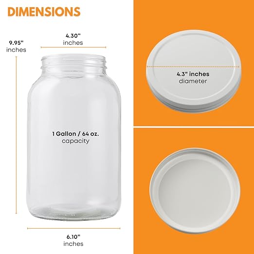 FastRack - One Gallon Wide Mouth Jar with White Metal Airtight Lid (Pack of 2) | Glass Canisters with Airtight Lids | Gallon Glass Jar with fermentation lids for brewing, fermentation and pickling
