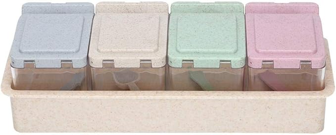4-Grids Spice Jars, Transparent Seasoning Box Pepper Salt Seasoning Can Pot with Spoon for Home Kitchen