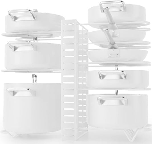 G-TING Pot Rack Organizers, 8 Tiers Pots and Pans Organizer for Kitchen Organization & Storage, Adjustable Pot Lid Holders & Pan Rack, Lid Organizer for Pots and Pans with 3 DIY Methods(White)