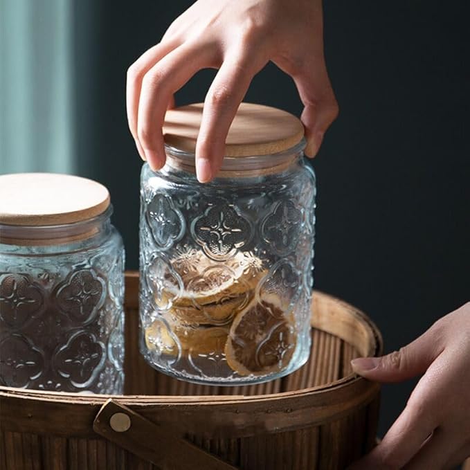 ANSQU Vintage Glass Jar, Decorative Glass Jar with Bamboo Lid, Candy Jar Cookie Jar for Kitchen Counter, Pantry, 23.7 FL OZ Glass Storage Jar Holds Coffee, Tea, Sugar, Balth Salts