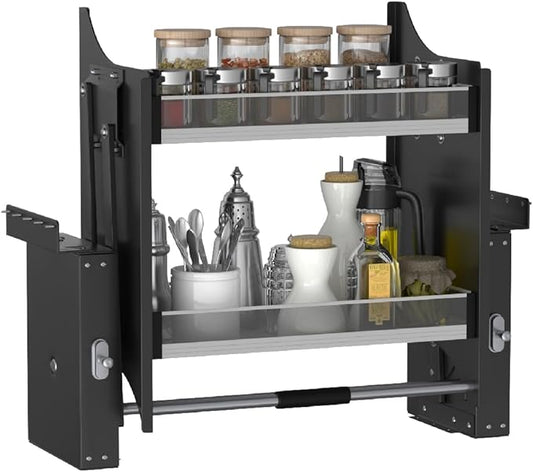 2-Tier Pull-Down Shelf, Cabinet Organizer Drop Down Sliding Shelf Space Saving Kitchen Organizer Spice Rack, 30-32 Inch Width, Black