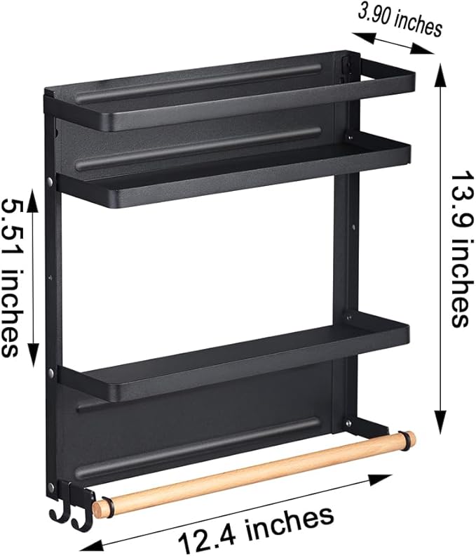 Magnetic Spice Rack Organizer Single Tier Refrigerator Spice Storage Shelf, Easy to Install The Side of The Refrigerator Can Hold spices, Jar of Olive Oil (Black L)