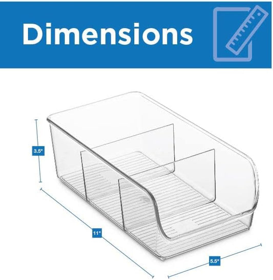 Set Of 4 Food Storage Organizer Bins - Divided 3 Compartment Kitchen Pantry Fridge Organizers for Food Packets, Seasoning, Spices, Sauce Packets, Pouches, Snacks - Clear Plastic Storage Rack