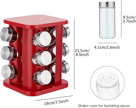 TINMIX Revolving Spice Rack Organizer with 12 Jars, Countertop Spice Seasoning Rack Tower with 12 Glass Jar Bottles Refillable for Kitchen Cabinet, Stainless Steel, Red