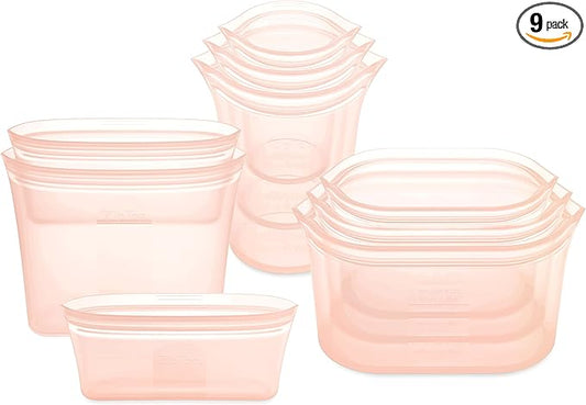 Zip Top Reusable Food Storage Bags | 9 Piece Set [Peach] - 3 Bags, 3 Cups, 3 Dishes | Silicone Meal Prep Container | Microwave, Dishwasher and Freezer Safe | Made in the USA