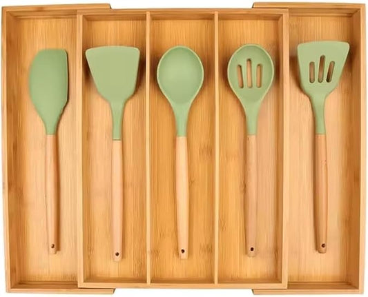 Bamboo Cutlery Drawer Organizer for Kitchen Utensils - Expandable Utensile Organzier with Drawer Dividers for Flatware, Silverware Knives in Kitchen, Bedroom, Living Room (5 Slots)