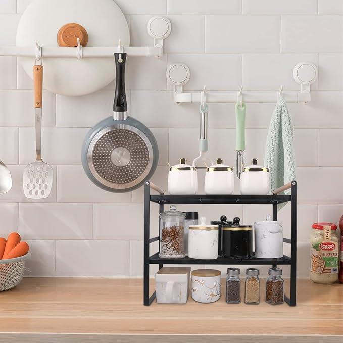 2-Tier Kitchen Countertop Shelf, Iron and Wooden Construction, 16.1 x 8.3 x 12.8 Inches, Black Color, Ideal for Organizing Kitchen Items