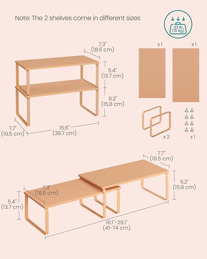 SONGMICS Cabinet Organizer Shelf, Set of 2 Kitchen Counter Shelves, Kitchen Storage, Spice Rack, Stackable, Expandable, Metal and Engineered Wood, Apricot Orange UKCS200Y01