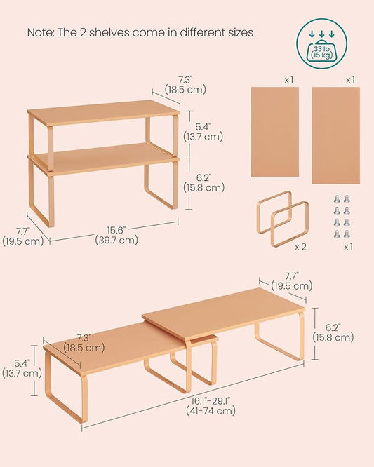 SONGMICS Cabinet Organizer Shelf, Set of 2 Kitchen Counter Shelves, Kitchen Storage, Spice Rack, Stackable, Expandable, Metal and Engineered Wood, Apricot Orange UKCS200Y01