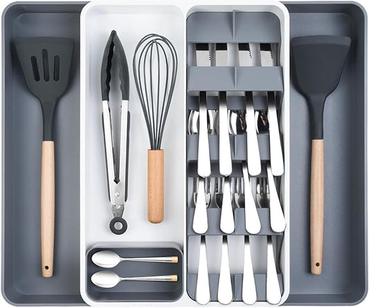 OTraki Silverware Drawer Organizer Expandable Utensil Drawer Organizer with Removable Cutlery Holder and Storage Tray Flatware Utensil Drawer Organiser Fork Knife Spoon Holder for Drawer Grey + White