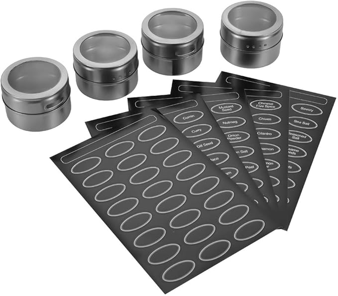 12 Powerful Magnetic Spice Tins- Stainless Steel Spice Storage Containers, Kitchen Spice Jars with Clear Lid with Sift & Pour, Rack Magnetic on Fridge, 120 Spice Labels