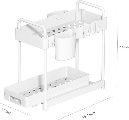 2 Pack Double-Layer Under Sink Organizer for Efficiently Utilizing Space, High Capacity and Space Saving, 2 Tier Sliding Under Sink shelf with 4 Hooks and a Cup Slot (White)