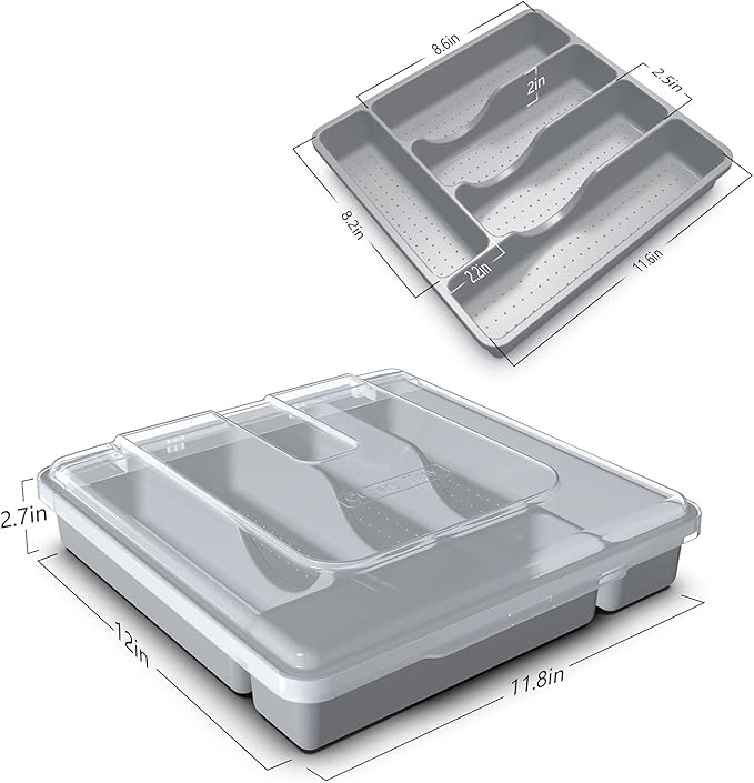 Silverware Organizer with Lid for Drawer, Plastic Utensil Holder for Countertop, Flatware Organizer Cutlery Tray with Cover 5 Compartments (Gray)