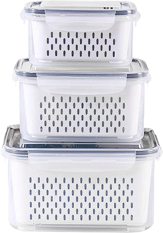 3Pack Fridge Food Storage Container Set with Lids with Strainer,Plastic Fresh Produce Saver Vegetable Fruit Meat Storage Organization, BPA-Free Plastic Produce Keepers(3.15L+1.7L+0.8L)