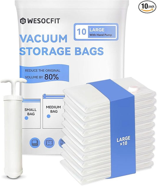 10 Large Vacuum Storage Bags, Vacuum Seal Bags for Clothing, Pillows, Comforters, Blankets, Space Saver Bags with Hand Pump