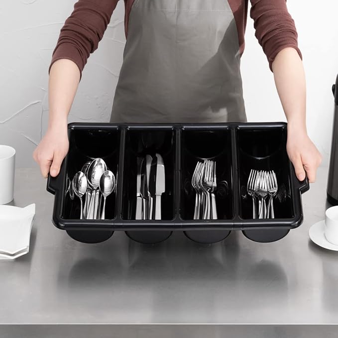 Restaurantware-21.9 x 14.2 x 3.5 Inch Silverware Organizer, 1 Crack-Resistant Cutlery Tray - 4 Compartments, Built-In Handles, Black Plastic Utensils Drawer Holder, For Kitchen Organization