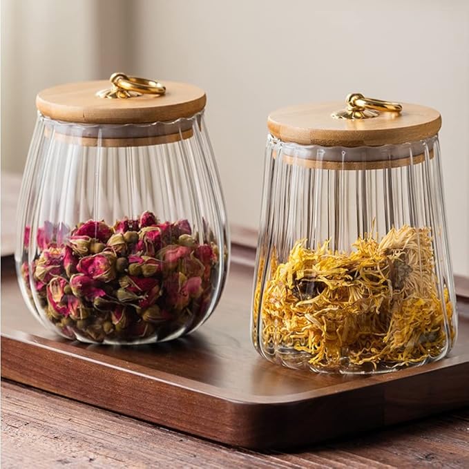Erioctry 750ml/25oz Clear Glass Canister Food Storage Jar With Airtight Seal Acacia Wood Lids Kitchen Food Storage Containers for Coffee Bean Loose Leaf Tea Cookies Dry Fruit Nuts
