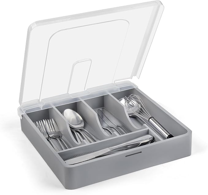 Bamboo Silverware Tray with Lid, Utensil Drawer Organizer for Kitchen Countertop, Wooden Flatware Organizers and Storage Holder, Bamboo Grey