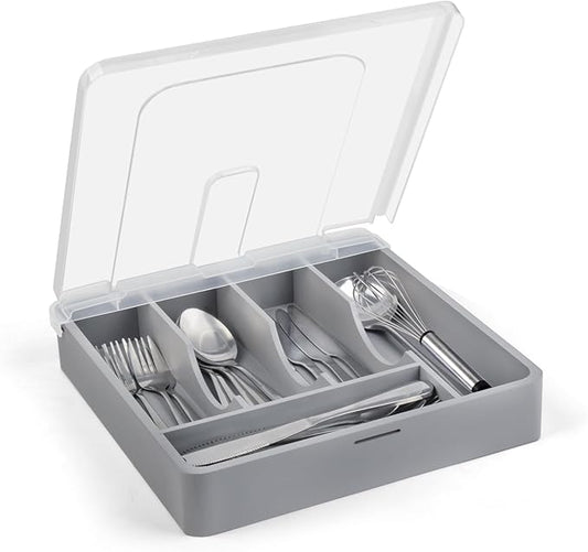 Bamboo Silverware Tray with Lid, Utensil Drawer Organizer for Kitchen Countertop, Wooden Flatware Organizers and Storage Holder, Bamboo Grey