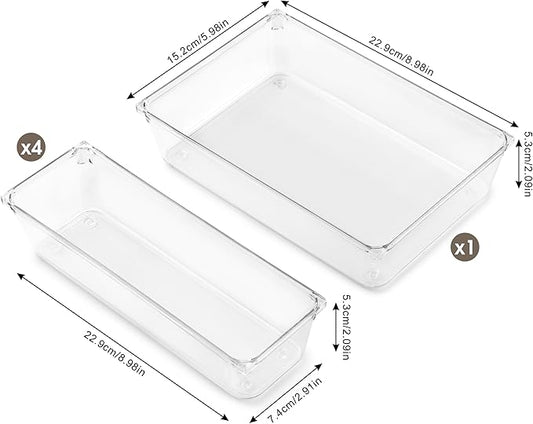 Cutlery Drawer Organizer Set, 5-Pieces Clear Plastic Utensil Storage Tray, Non-Slip Storage Bins for Kitchen Utensil, Silverware Cutlery, Makeup, Jewelry