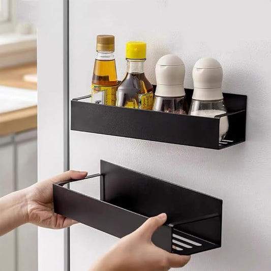 maytopia Magnetic Spice Rack Organizer for Refrigerator, 4 Pack Metal Strong Magnetic Shelf for Fridge with 4 Hooks, Small Black Spice Rack for Home Kitchen Cabinet Oven and Laundry Room Storage