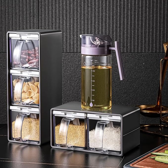 Salt Container With Lid And Spoon, Clear Seasoning Rack Spice Pots, 3 Piece Seasoning Box For Home Kitchen Café Storing Salt Sugar Pepper Spice (2 Pieces)