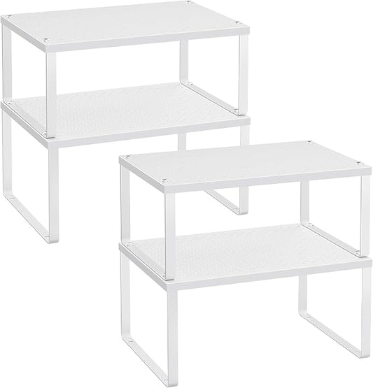 SONGMICS Spice Racks, Cabinet Shelf Organizers, Shelf Organizers, Countertop Organizers, Shelf Risers, Stackable, Expandable, Set of 4 Metal Kitchen Counter Shelves, White UKCS006W01