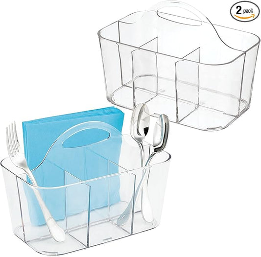 mDesign Plastic Cutlery Storage Organizer Caddy Bin Tote with Handle - Kitchen Cabinet Divided Pantry Basket for Forks, Knives, Spoons, Napkins, Indoor/Outdoor Use, Lumiere Collection, 2 Pack - Clear