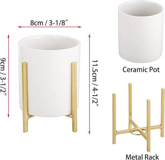JUXYES Pack of 3 Ceramic Silverware Holder For Party Table, White Cutlery Holder Holder With Golden Metal Bracket, Small Flatware Caddy Organizer Utensil Holder Organizer for Kitchen Dining Tables