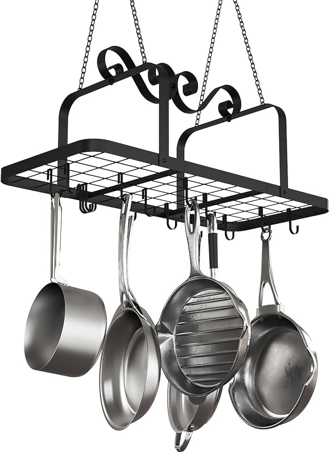 33” Black Pot Rack Hanging, Heavy Duty Metal Ceiling Pot Rack with 15 Hooks, Pot and Pan Hanging Rack Organizer for Kitchen Cookware Utensils
