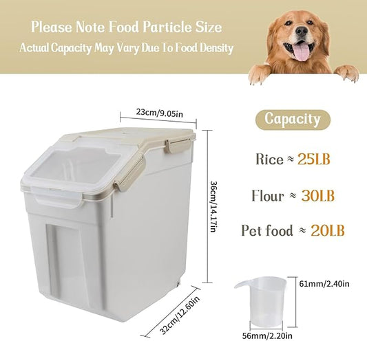 YXQ 25LB Large Flour Storage Container Bin,4 Pack Airtight Plastic with Wheels Seal Locking Lid Dispenser Organizer Storage Bin with Measuring Cup & Scoop for Flour, Rice, Grain 100LBS Total，Grey