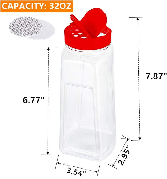 Yopay 8 Pack Large Spice Jar, 32oz Seasoning Shaker, Plastic Spice Container Bottle with Red Dual Shake Lid for Storing Herbs, Powders, General Use Storage Containers