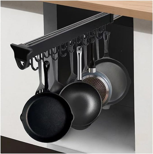 14IN Hanging Pot Rack with 6 Hook for Cabinet Pull Out Pot and Pan organizer Adjustable Pot Racks with Sliding Rail Storage Utility Rack Used for Kitchen/Closet/Cupboard,Load 75LBS