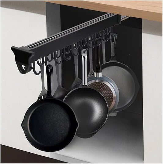 Hanging Pot Rack with 10 Hook for Cabinet 22" Pull Out Pot and Pan organizer Adjustable Pot Racks with Sliding Rail Storage Utility Rack Used for Kitchen/Closet/Cupboard,Load 75LBS