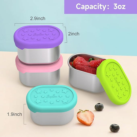 SOPHICO Stainless Steel Salad Dressing Condiment Containers with Leakproof Silicone Lids, 3 oz Mini Sauce Container and Portion Bento Box of Kids Lunch to Go for Snack, Dessert (MIX, 4 PACK)