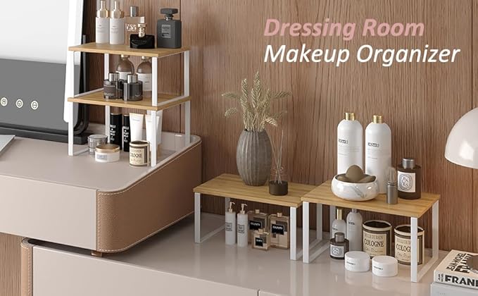 SUYU Set of 4 Kitchen Cabinet Organizer Shelf,Bamboo Spice Rack,Space-Saving Countertop Organizer for Kitchen, Office, or Closet, Stackable and Nesting Shelves,White and Natural SCW202B