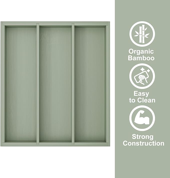 Silverware Organizer Bamboo Kitchen Drawer Organizer, Flatware Organizer Tray for Kitchen, Flatware, Utensils（Green）