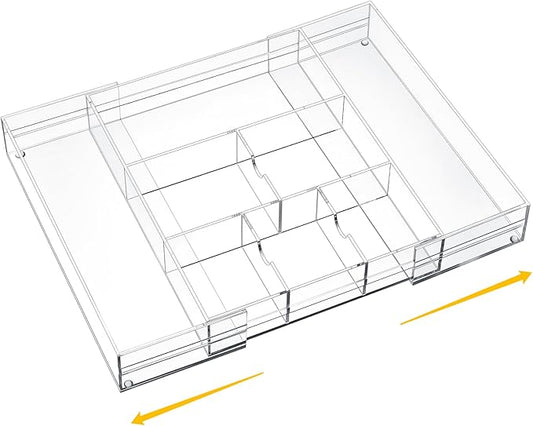 1 Pc Acrylic Desk Drawer Organizer Maximum Expandable Drawer Organizer Trays with 8 Adjustable Compartments Desk Accessories for Makeup Silverware Office Bathroom (Clear,Classic)