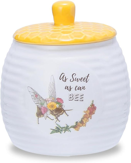 Ceramic Sugar Jar Sugar Bowl with Lid Kitchen Storage Canisters Honey Bee & Flower Pattern Candy Jar for Kitchen Counter Coffee Bar Party Table, 400ml/14oz