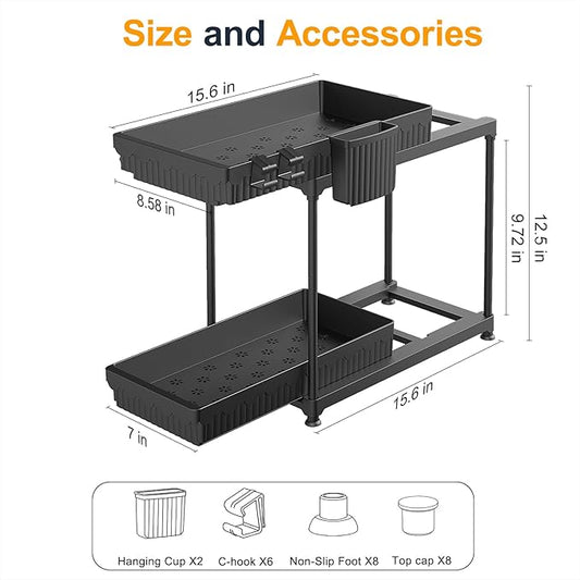 2 Pack Double Sliding Under Sink Organizers and Storage, 2 Tier Under Bathroom Cabinet Shelf Organizer with Hooks Hanging Cup, Home Organization, Black