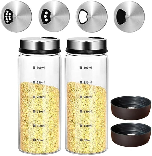 10 oz Glass Salt and Pepper Shaker Set with 304 Stainless Lid Adjustable Pour Holes Spice Jars Dispenser Seasoning Cans for Kitchen Decor and Home Restaurant Kitchen Accessories (2 Pcs, 300 ML)